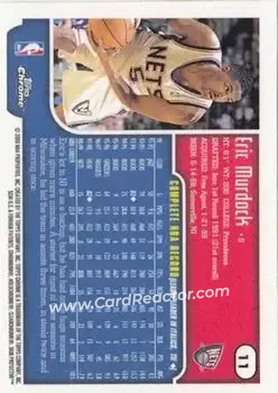 1999-00 Topps Chrome #11 - Eric Murdock - New Jersey Nets - Back 1999-00 Topps Chrome #11 - Eric Murdock - New Jersey Nets - Back
