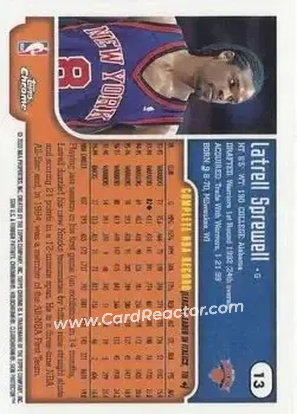 1999-00 Topps Chrome #13 - Latrell Sprewell - New York Knicks - Back 1999-00 Topps Chrome #13 - Latrell Sprewell - New York Knicks - Back