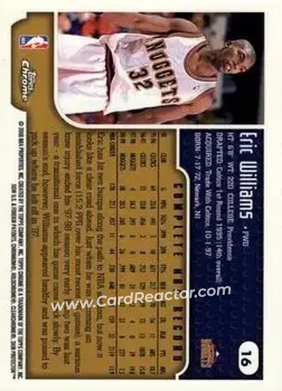 1999-00 Topps Chrome #16 - Eric Williams - Denver Nuggets - Back 1999-00 Topps Chrome #16 - Eric Williams - Denver Nuggets - Back