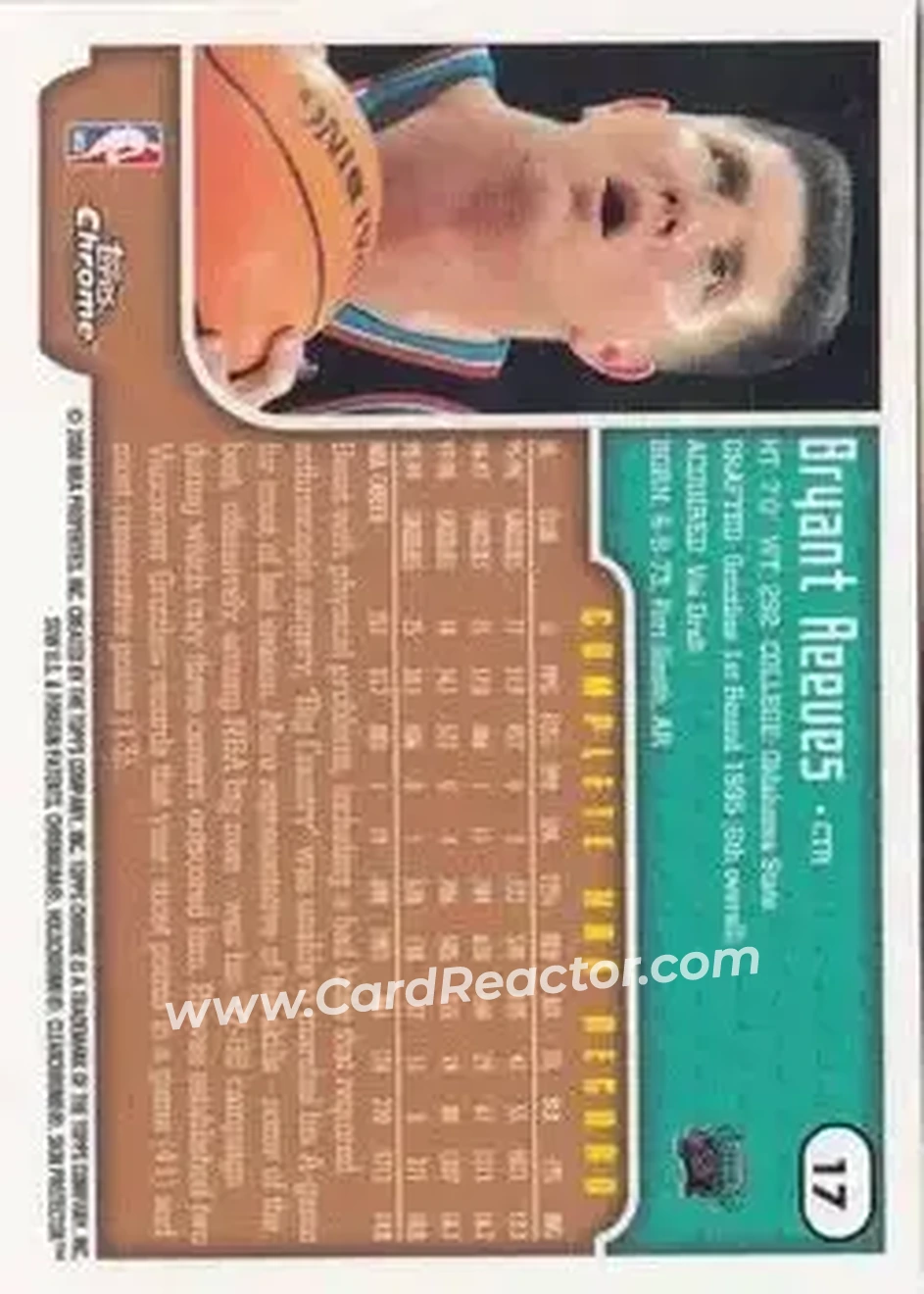 1999-00 Topps Chrome #17 - Bryant Reeves - Vancouver Grizzlies - Back