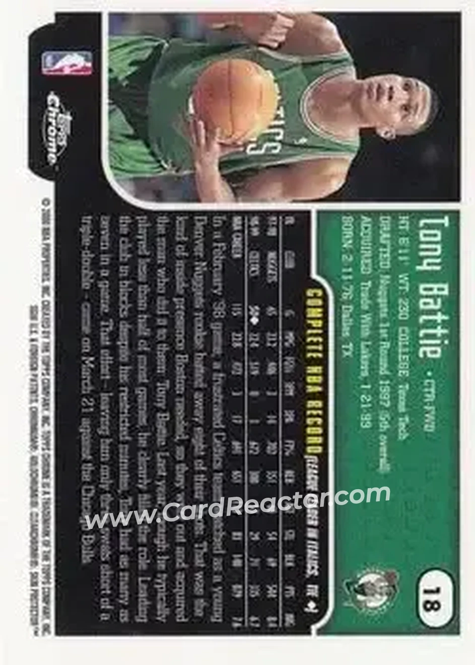 1999-00 Topps Chrome #18 - Tony Battie - Boston Celtics - Back