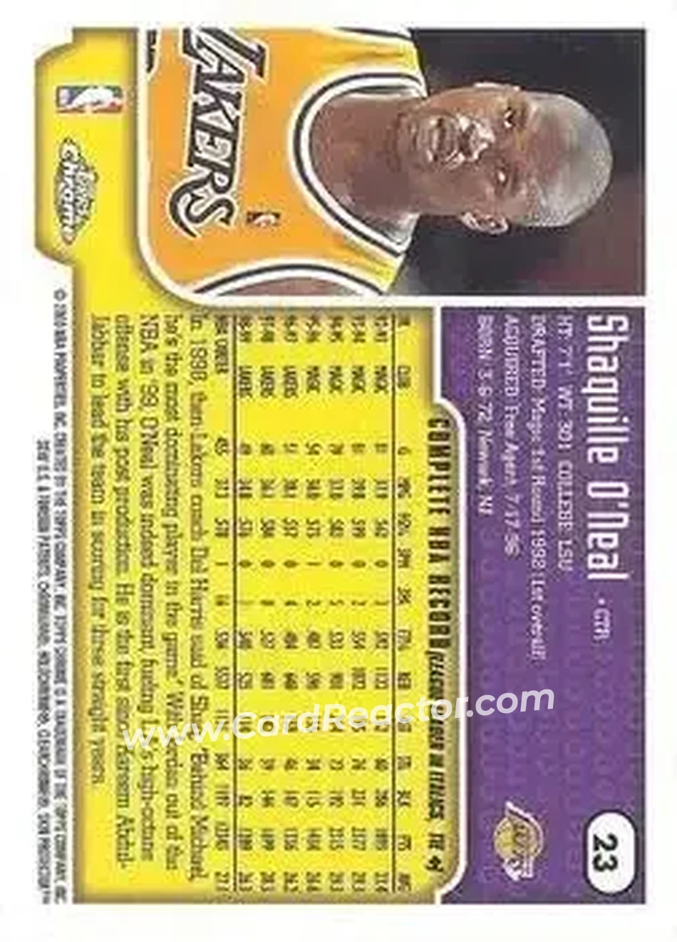 1999-00 Topps Chrome #23 - Shaquille O'Neal - Los Angeles Lakers - Back