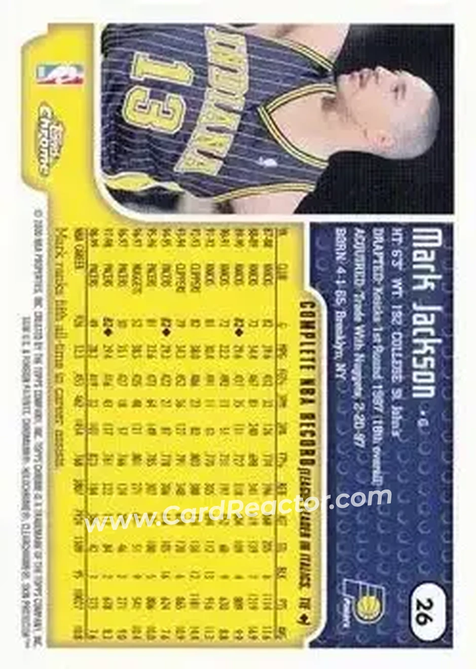 1999-00 Topps Chrome #26 - Mark Jackson - Indiana Pacers - Back