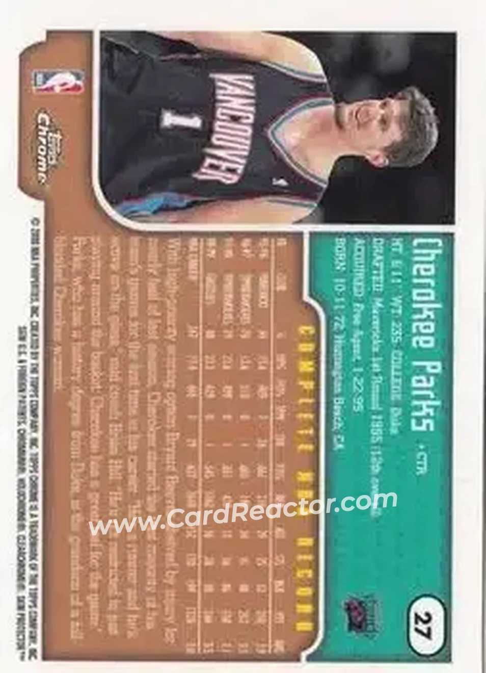 1999-00 Topps Chrome #27 - Cherokee Parks - Vancouver Grizzlies - Back