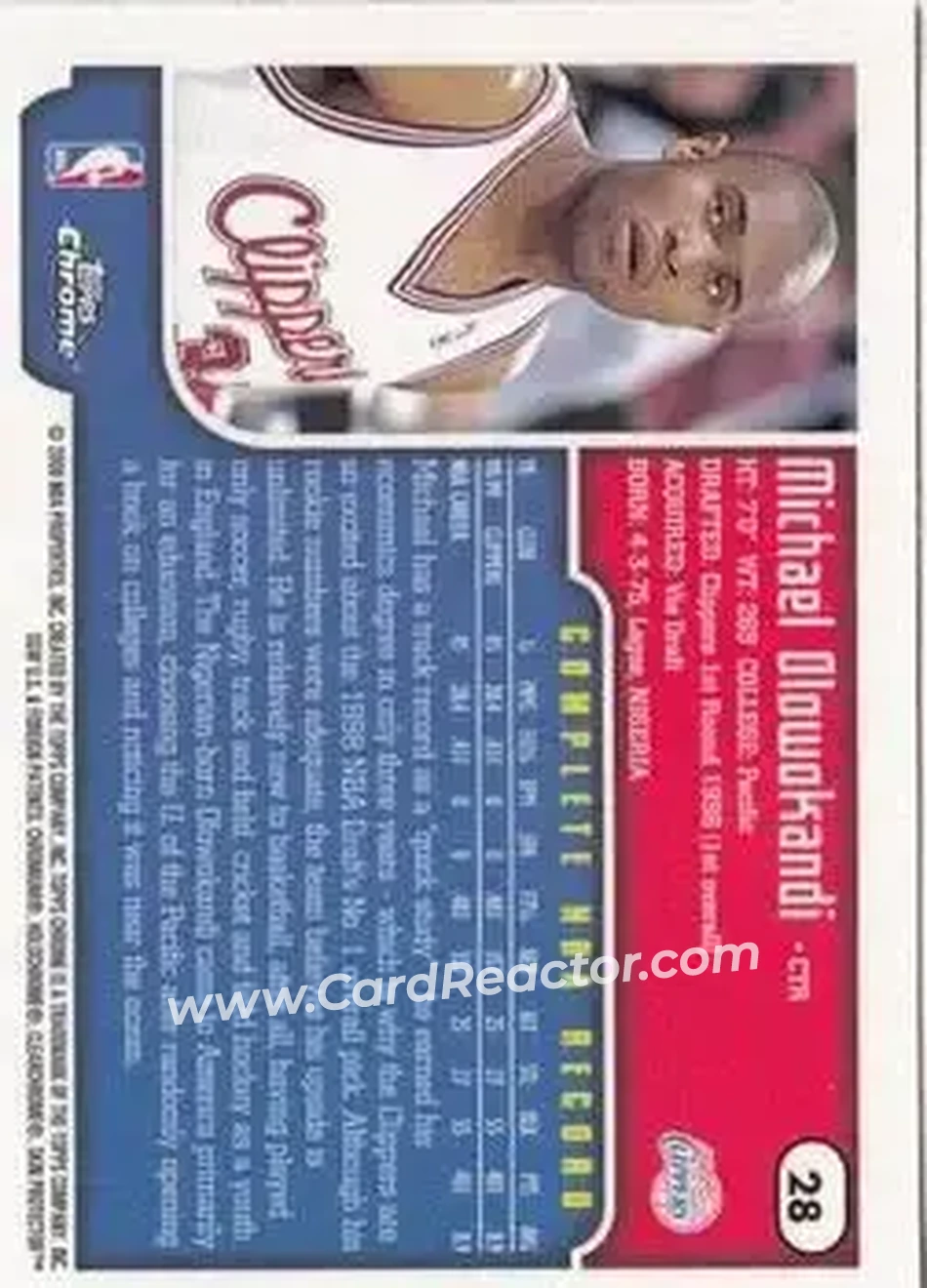 1999-00 Topps Chrome #28 - Michael Olowokandi - Los Angeles Clippers - Back