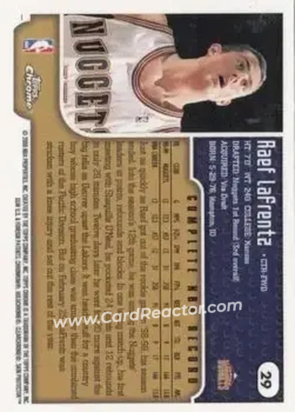 1999-00 Topps Chrome #29 - Raef LaFrentz - Denver Nuggets - Back 1999-00 Topps Chrome #29 - Raef LaFrentz - Denver Nuggets - Back