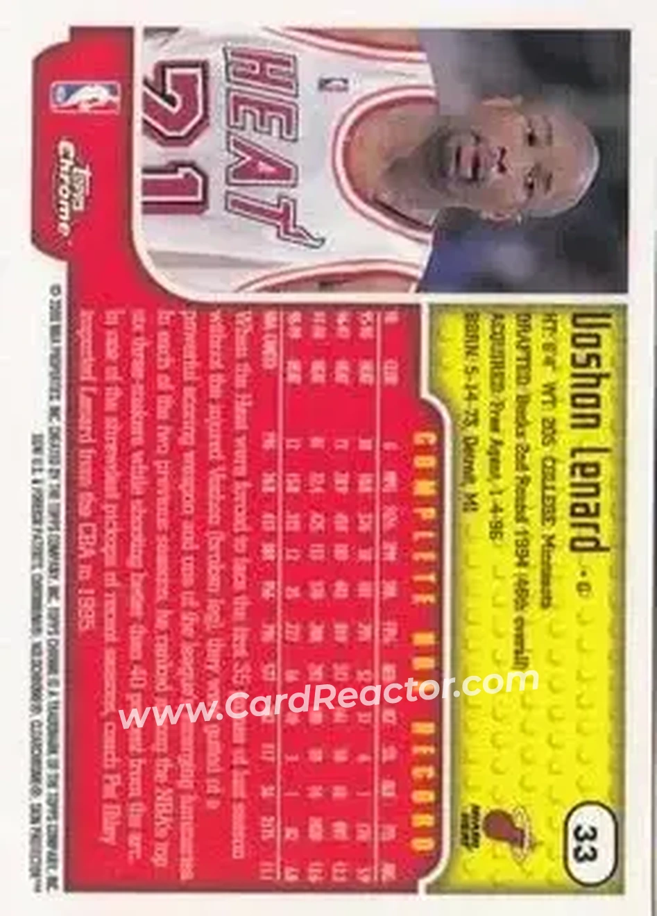 1999-00 Topps Chrome #33 - Voshon Lenard - Miami Heat - Back