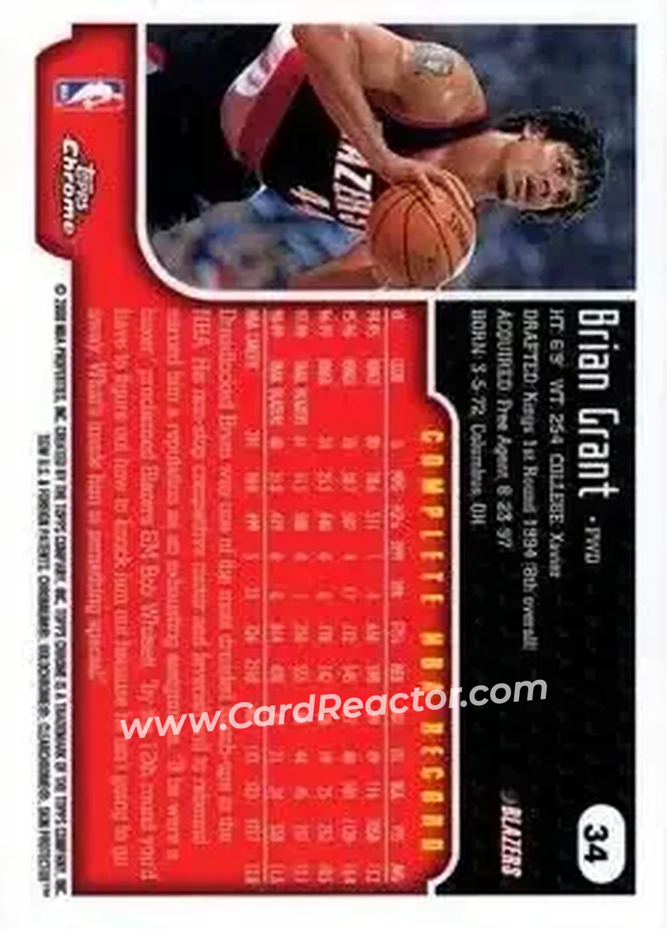 1999-00 Topps Chrome #34 - Brian Grant - Portland Trail Blazers - Back