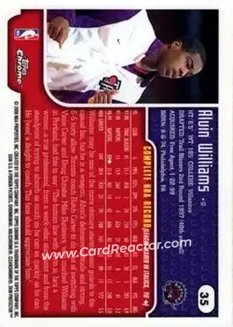 1999-00 Topps Chrome #35 - Alvin Williams - Toronto Raptors - Back