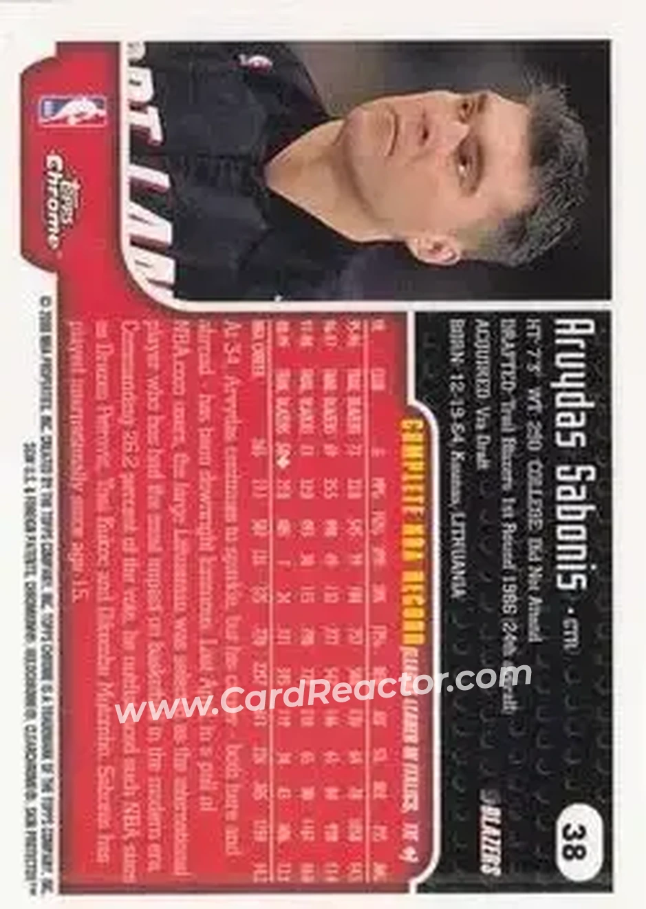 1999-00 Topps Chrome #38 - Arvydas Sabonis - Portland Trail Blazers - Back 1999-00 Topps Chrome #38 - Arvydas Sabonis - Portland Trail Blazers - Back