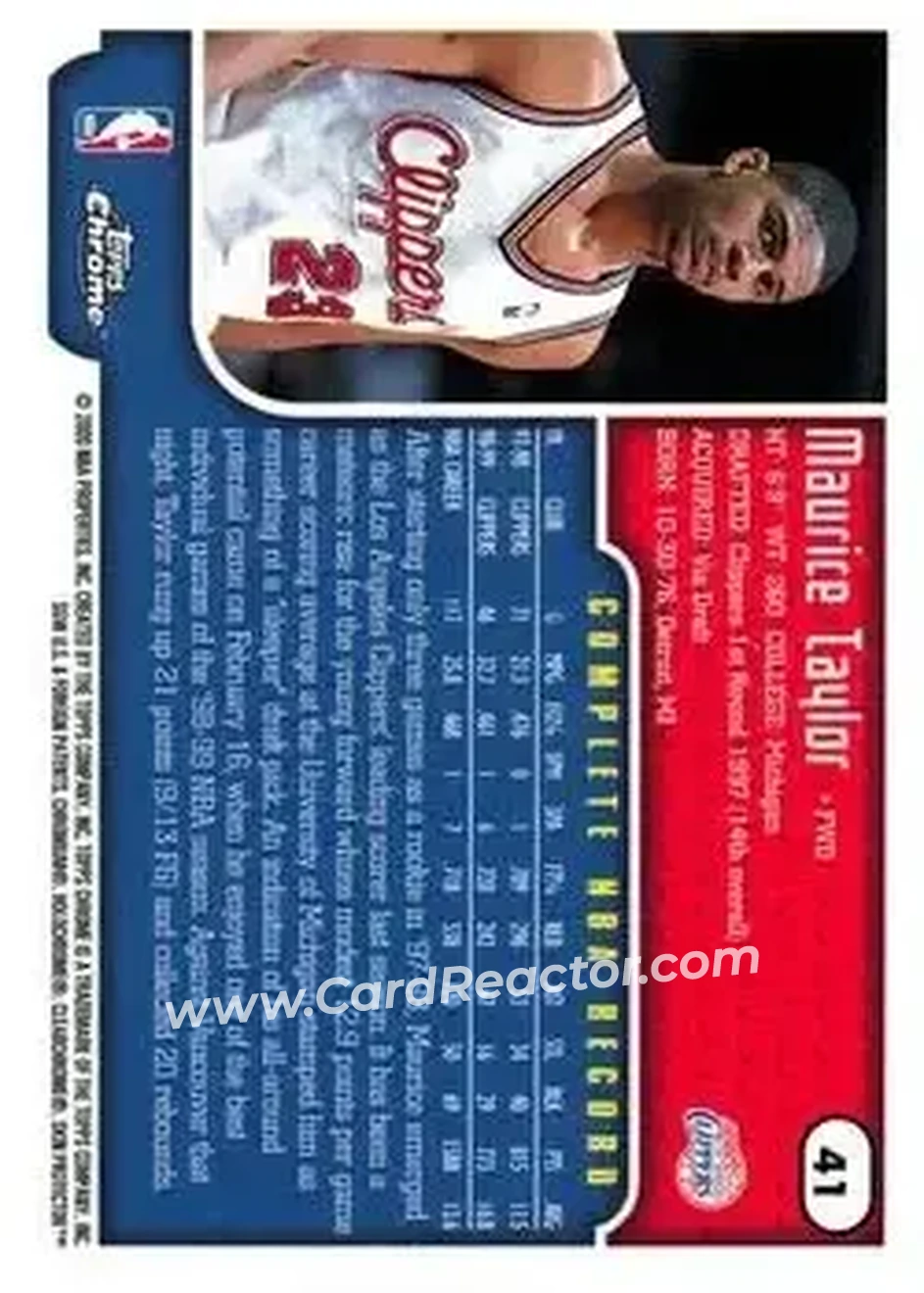 1999-00 Topps Chrome #41 - Maurice Taylor - Los Angeles Clippers - Back