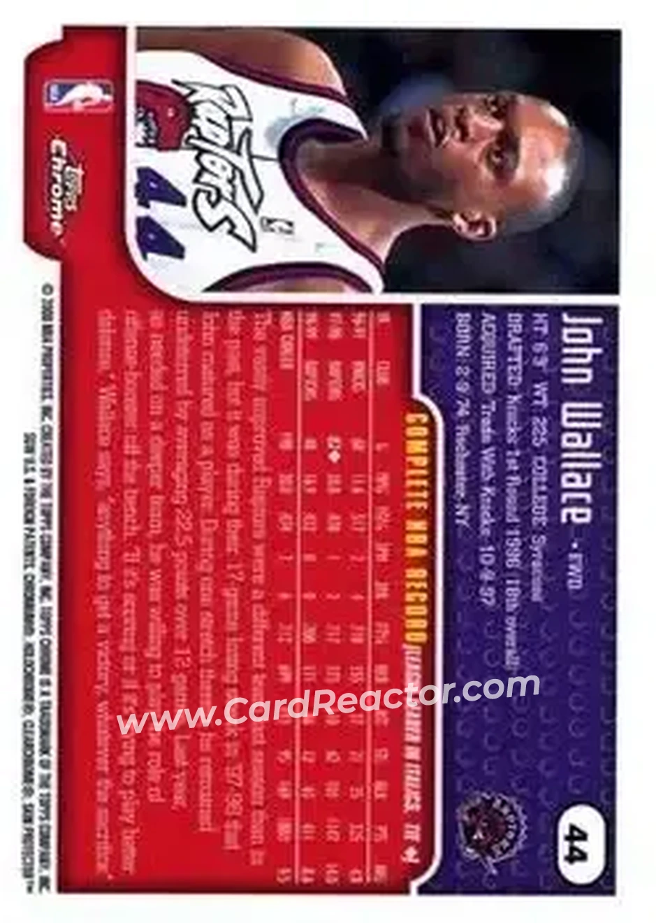1999-00 Topps Chrome #44 - John Wallace - Toronto Raptors - Back