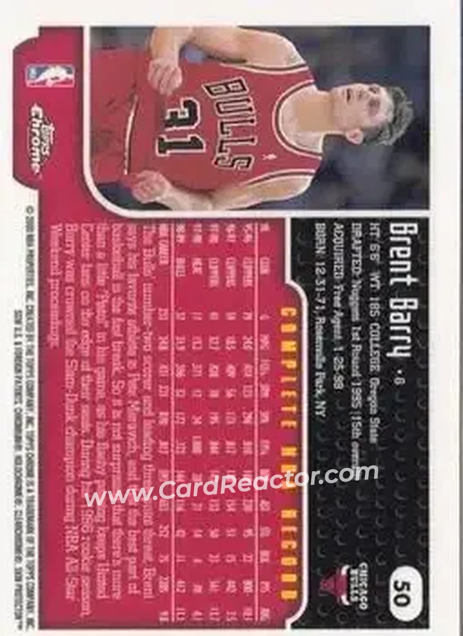 1999-00 Topps Chrome #50 - Brent Barry - Chicago Bulls - Back