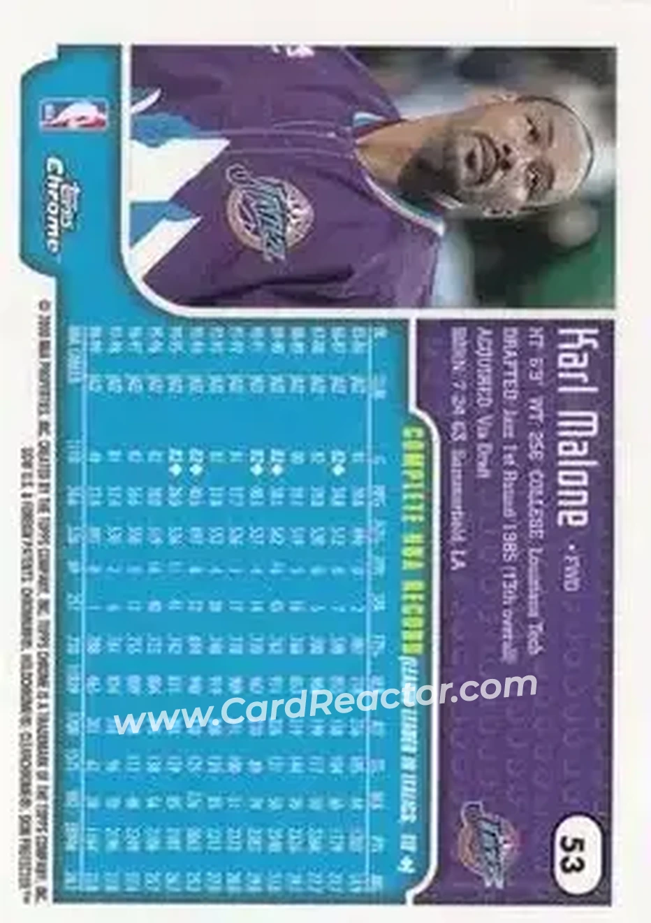 1999-00 Topps Chrome #53 - Karl Malone - Utah Jazz - Back