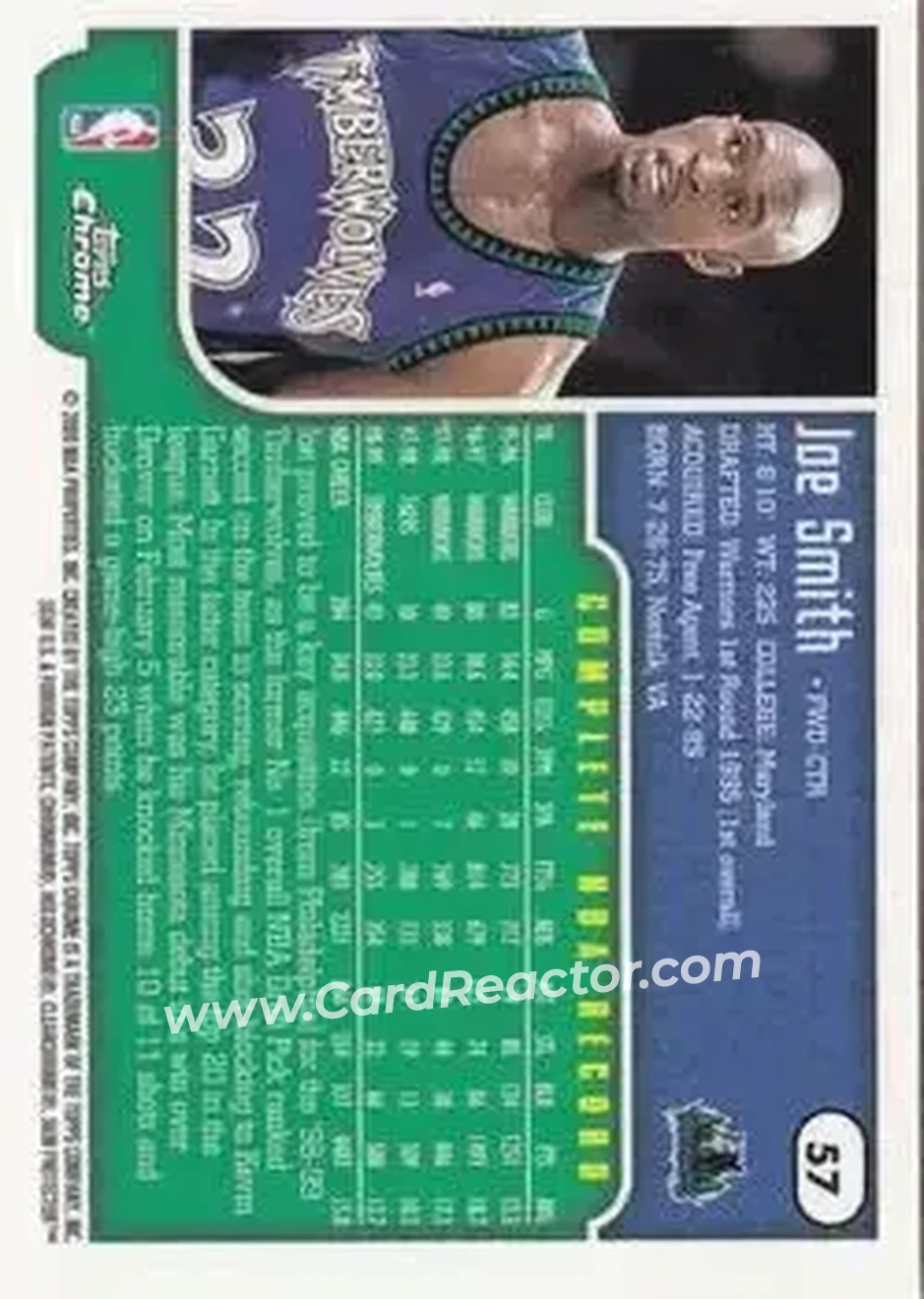 1999-00 Topps Chrome #57 - Joe Smith - Minnesota Timberwolves - Back