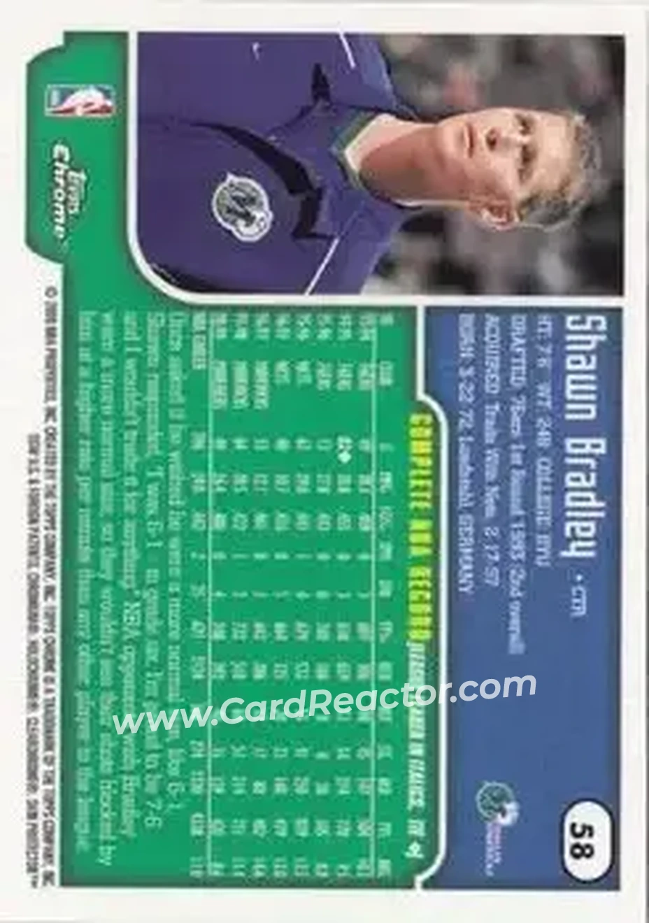 1999-00 Topps Chrome #58 - Shawn Bradley - Dallas Mavericks - Back