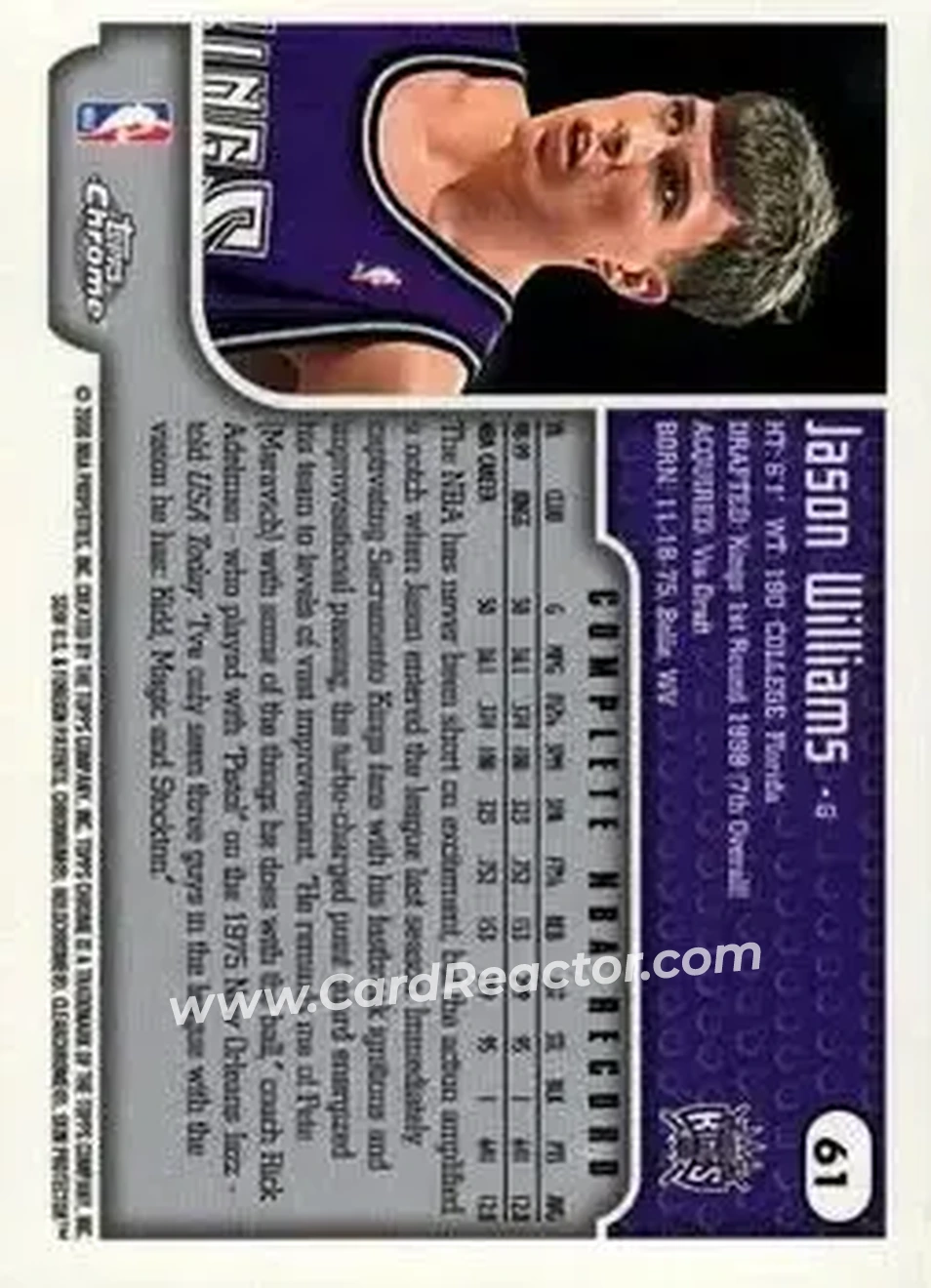 1999-00 Topps Chrome #61 - Jason Williams - Sacramento Kings - Back 1999-00 Topps Chrome #61 - Jason Williams - Sacramento Kings - Back