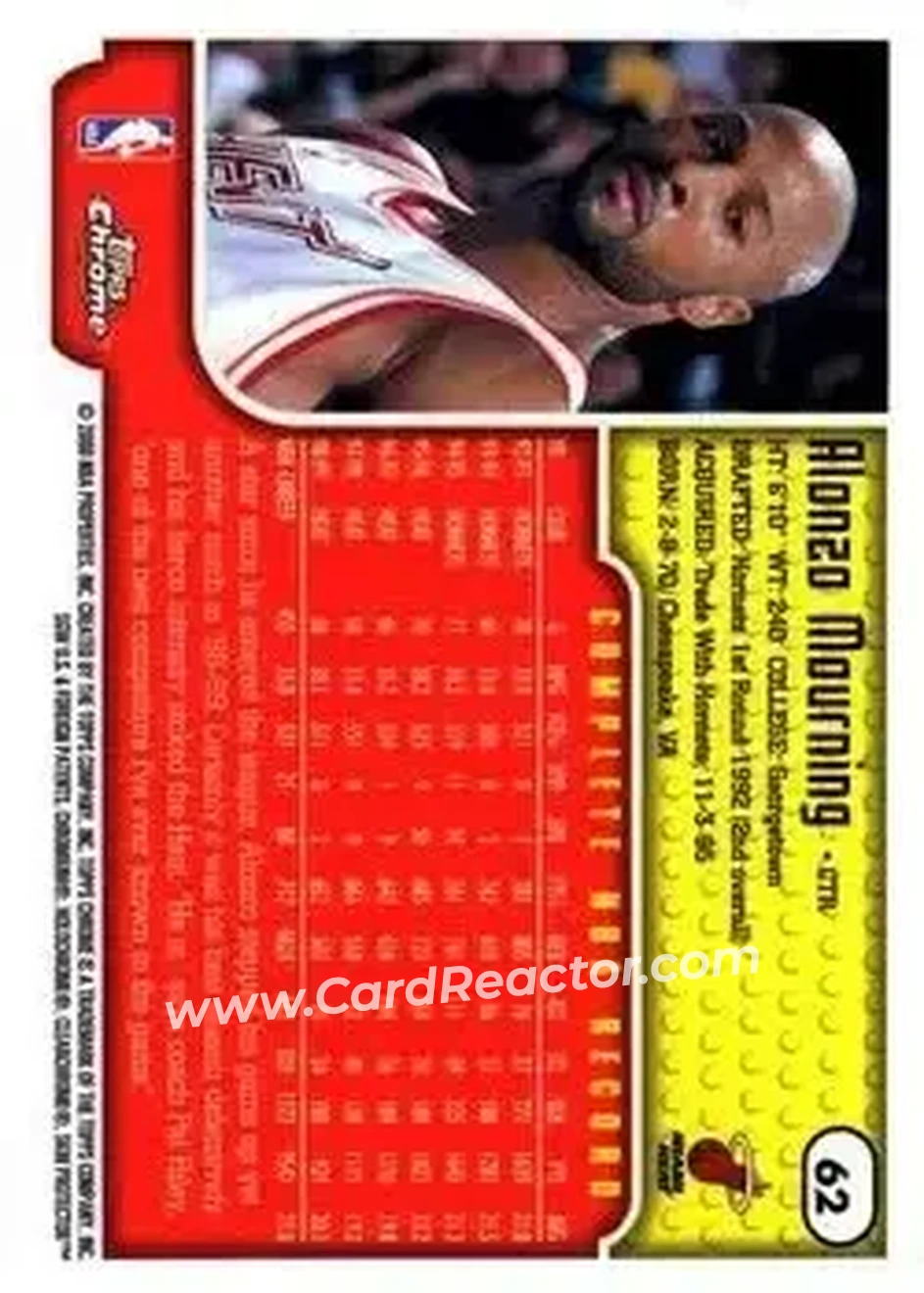 1999-00 Topps Chrome #62 - Alonzo Mourning - Miami Heat - Back