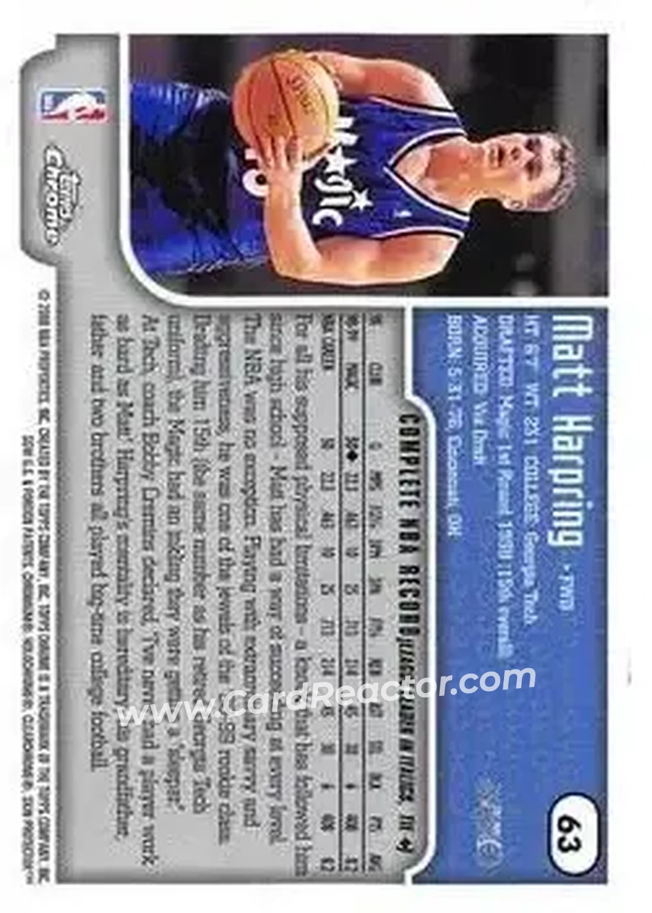 1999-00 Topps Chrome #63 - Matt Harpring - Orlando Magic - Back 1999-00 Topps Chrome #63 - Matt Harpring - Orlando Magic - Back