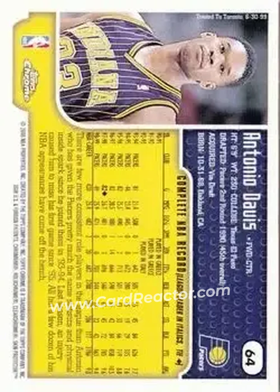 1999-00 Topps Chrome #64 - Antonio Davis - Indiana Pacers - Back