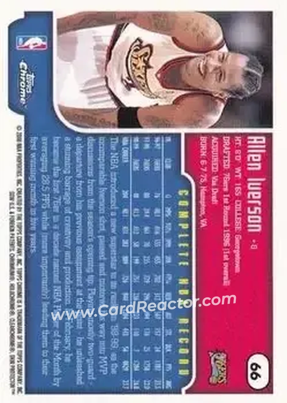 1999-00 Topps Chrome #66 - Allen Iverson - Philadelphia 76ers - Back