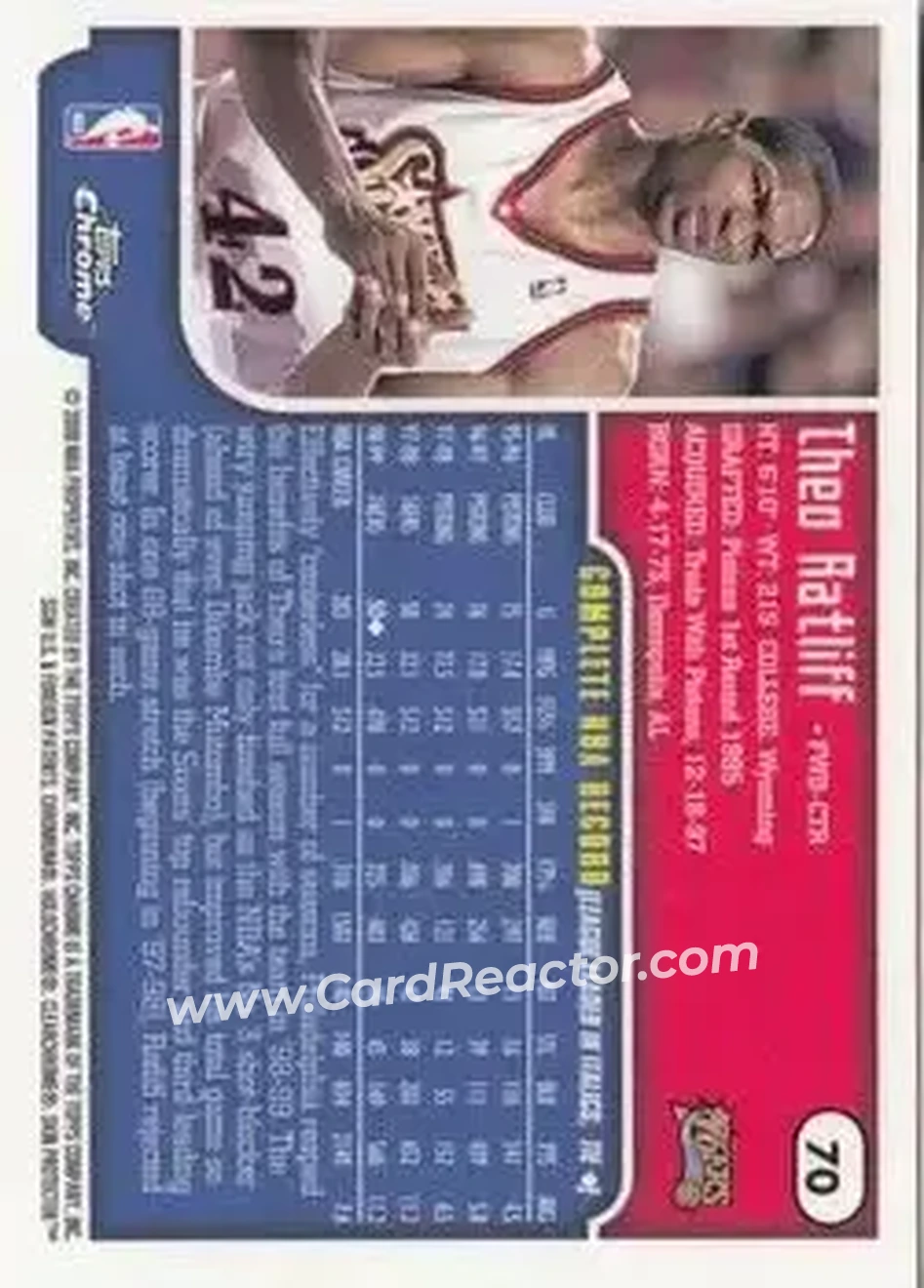 1999-00 Topps Chrome #70 - Theo Ratliff - Philadelphia 76ers - Back