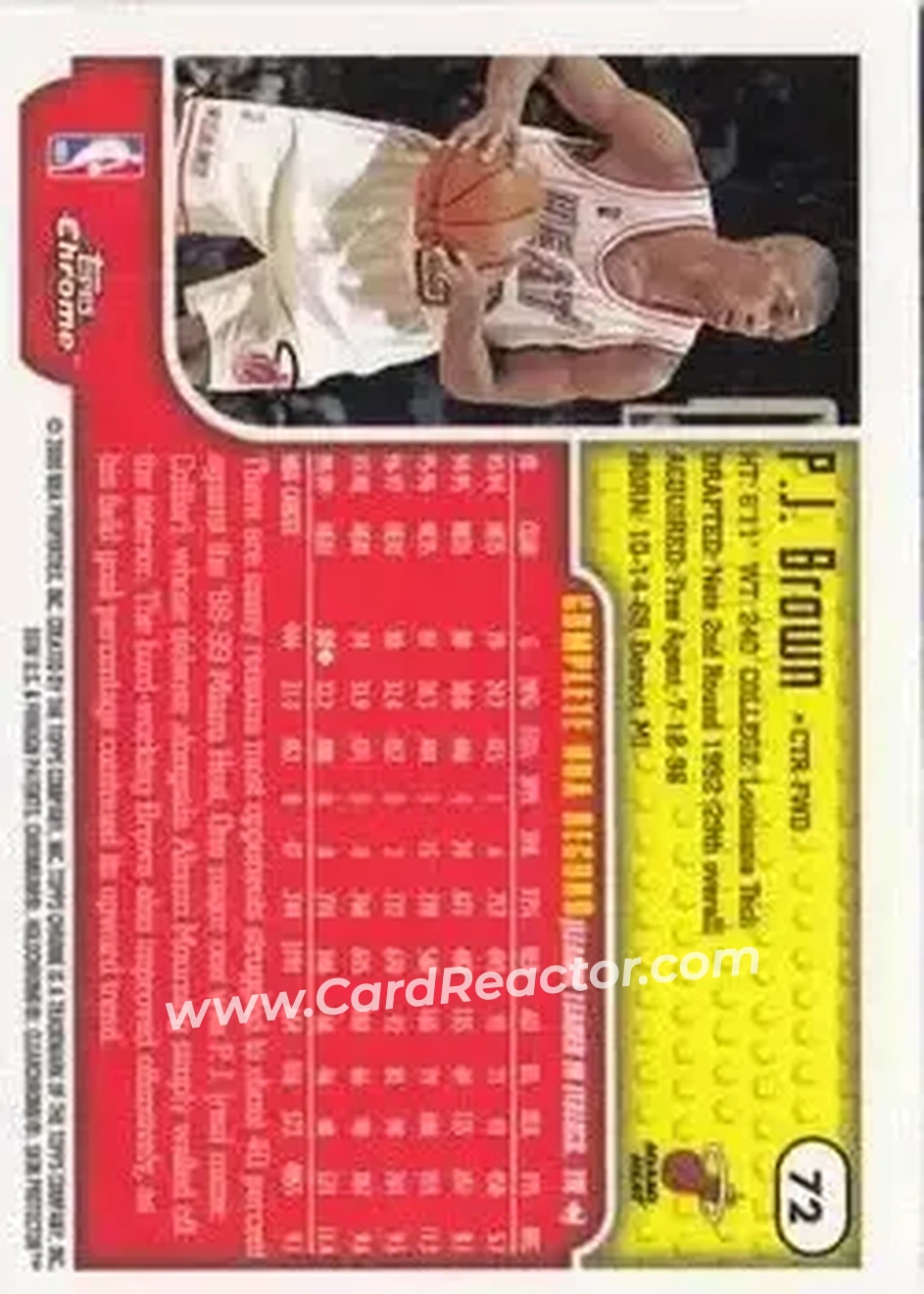 1999-00 Topps Chrome #72 - P.J. Brown - Miami Heat - Back
