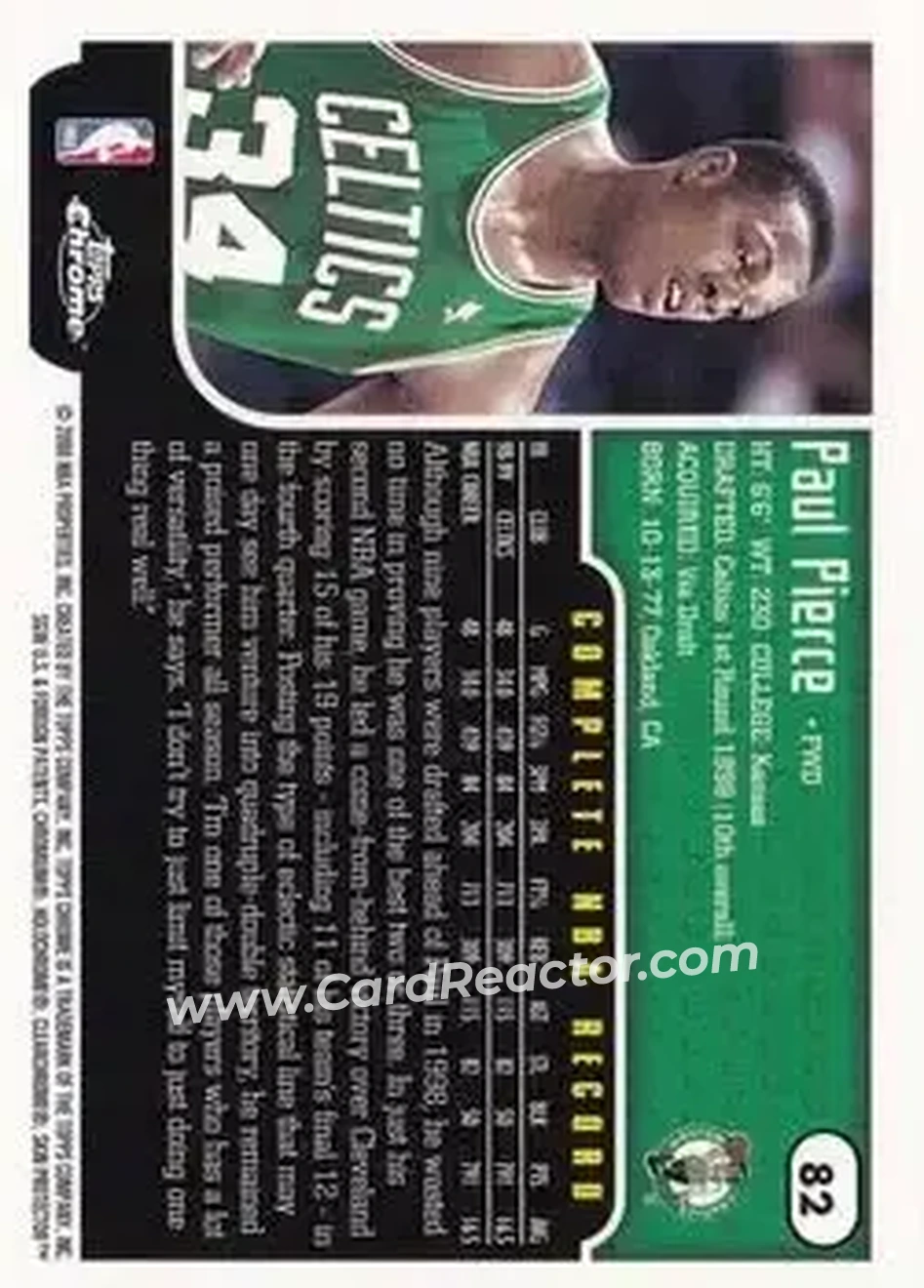 1999-00 Topps Chrome #82 - Paul Pierce - Boston Celtics - Back