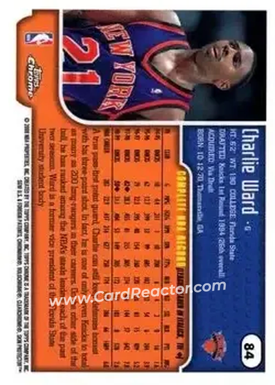 1999-00 Topps Chrome #84 - Charlie Ward - New York Knicks - Back