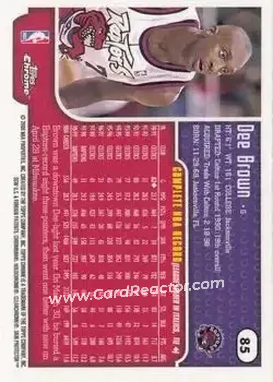 1999-00 Topps Chrome #85 - Dee Brown - Toronto Raptors - Back