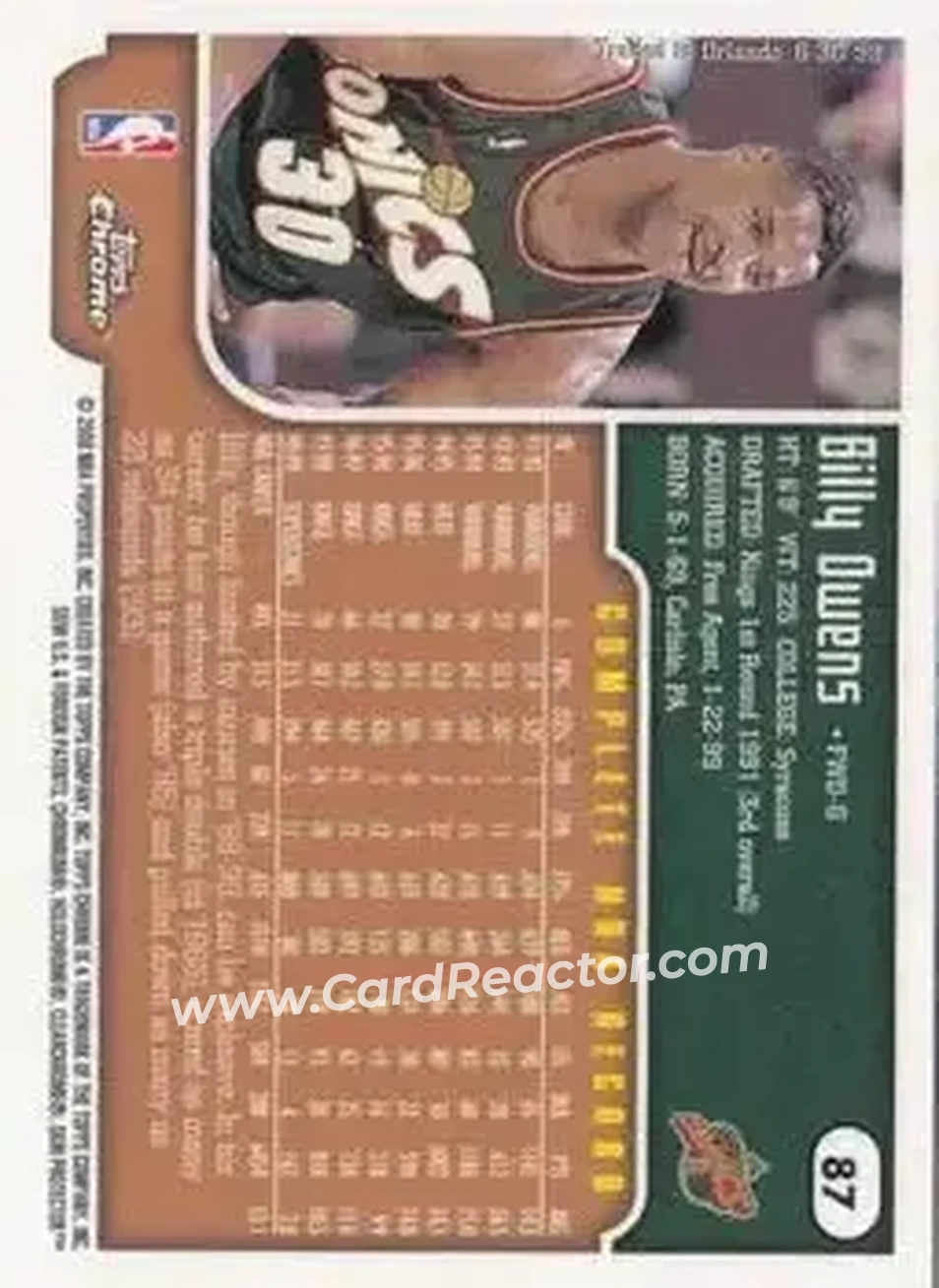 1999-00 Topps Chrome #87 - Billy Owens - Seattle SuperSonics - Back