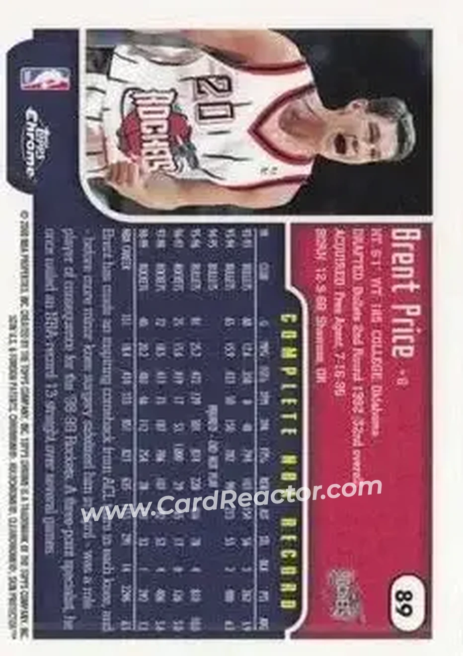 1999-00 Topps Chrome #89 - Brent Price - Houston Rockets - Back 1999-00 Topps Chrome #89 - Brent Price - Houston Rockets - Back