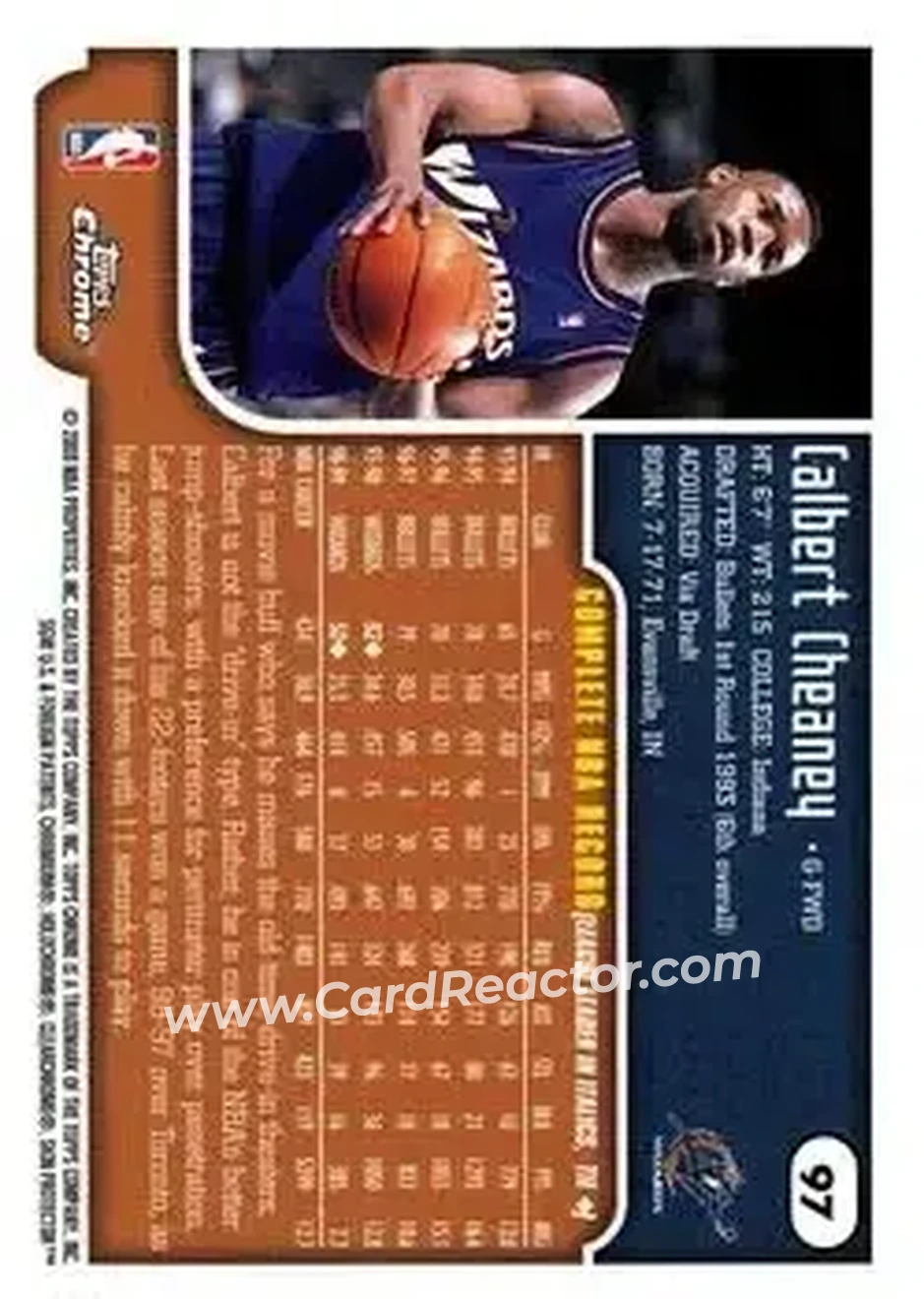 1999-00 Topps Chrome #97 - Calbert Cheaney - Washington Wizards - Back 1999-00 Topps Chrome #97 - Calbert Cheaney - Washington Wizards - Back