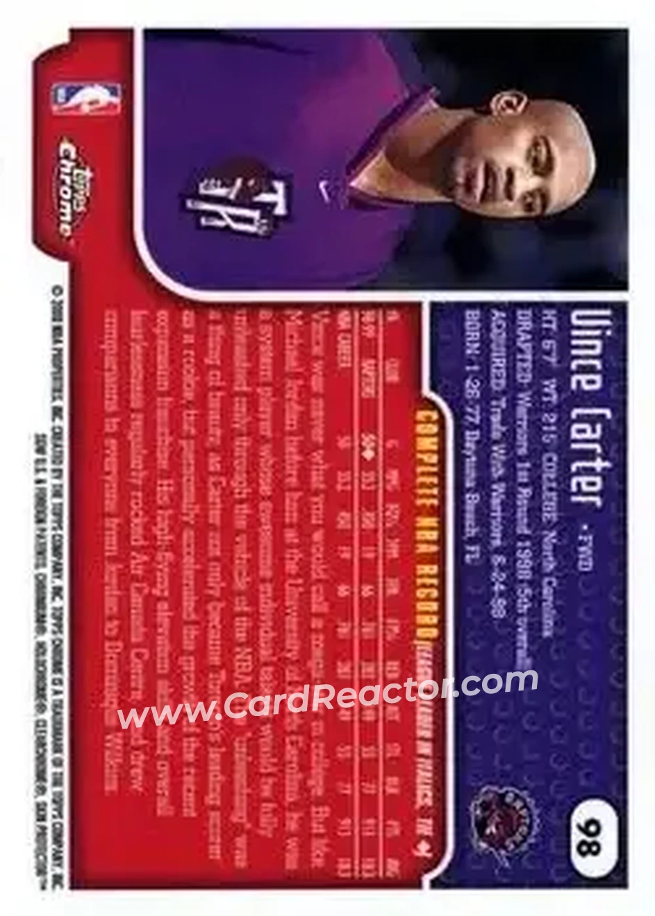 1999-00 Topps Chrome #98 - Vince Carter - Toronto Raptors - Back