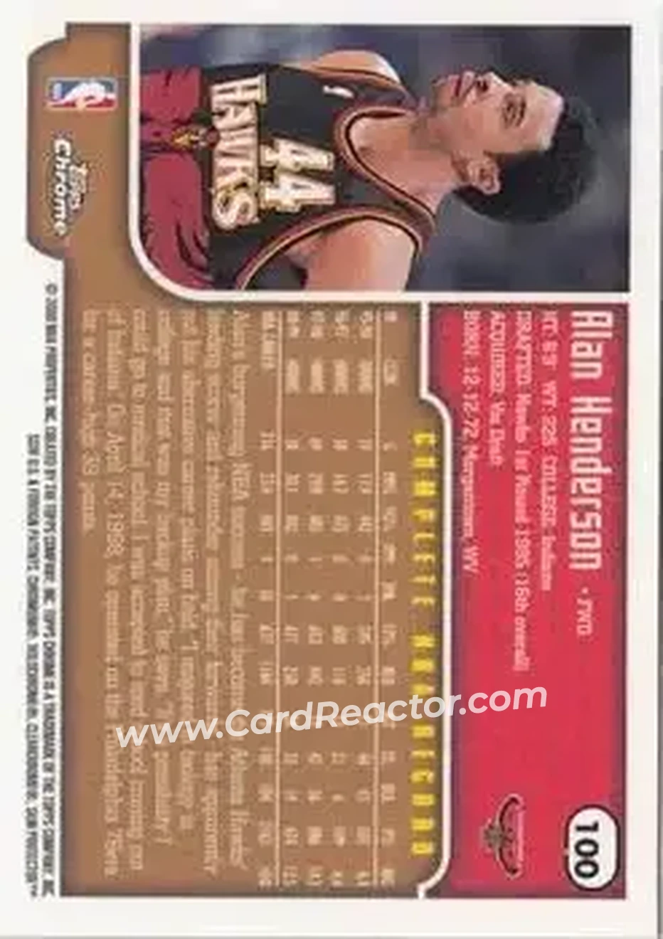 1999-00 Topps Chrome #100 - Alan Henderson - Atlanta Hawks - Back