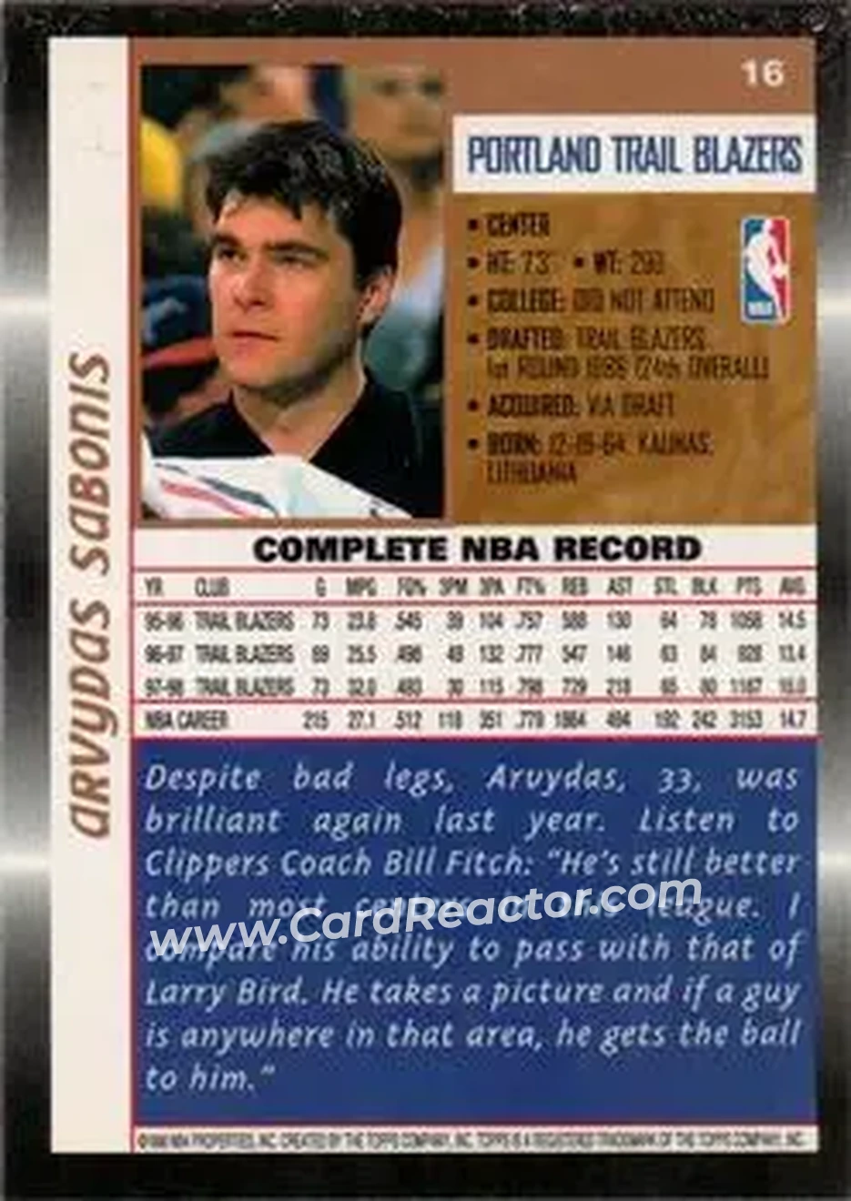 Back of Arvydas Sabonis