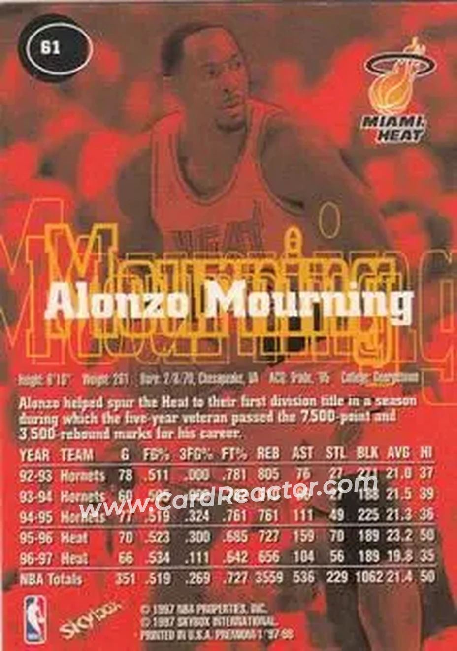 Back of Alonzo Mourning
