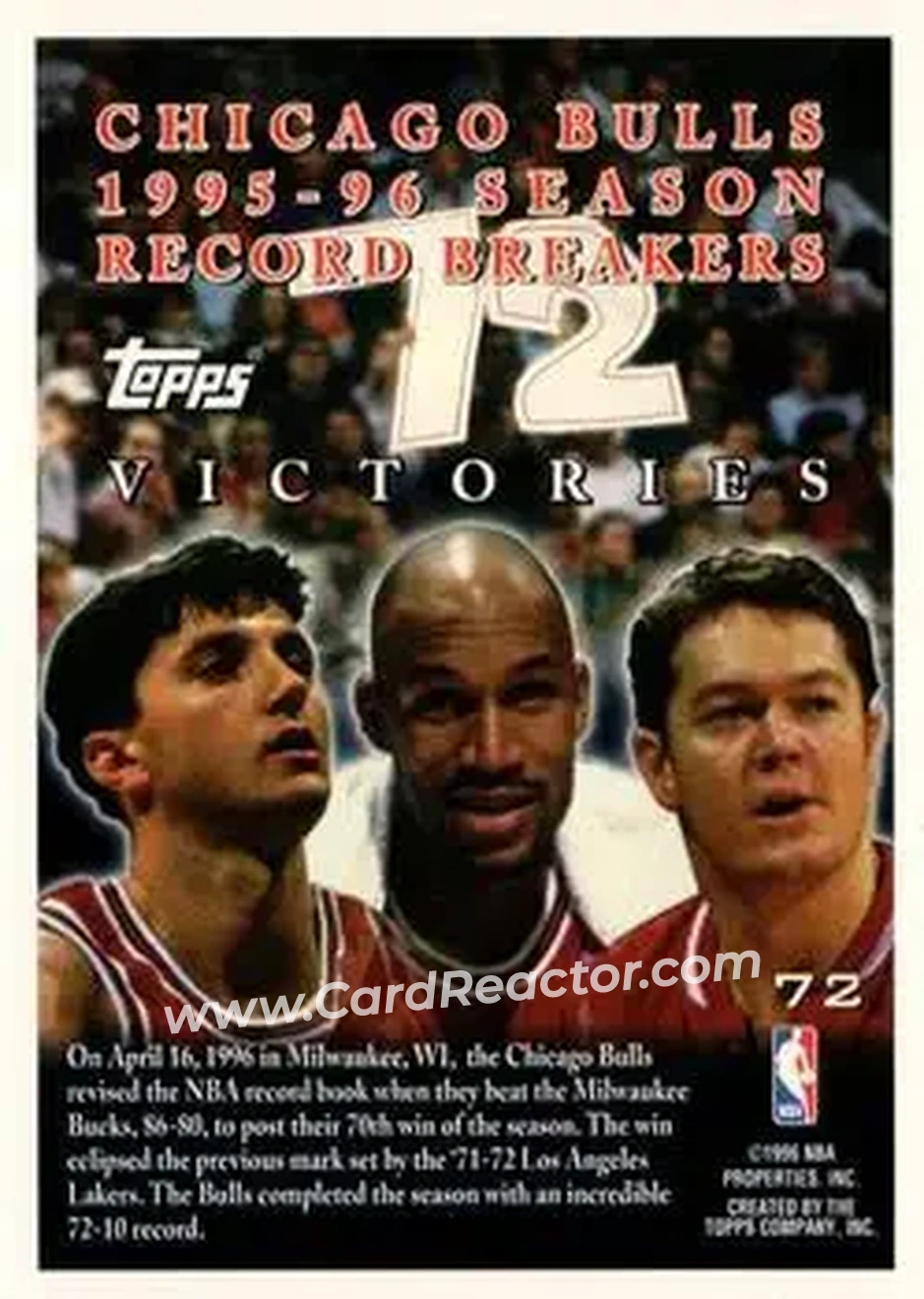 1996-97 Topps #72 - Chicago Bulls 72 Wins COMM, RB - Chicago Bulls - Chicago Bulls - Back 1996-97 Topps #72 - Chicago Bulls 72 Wins COMM, RB - Chicago Bulls - Chicago Bulls - Back