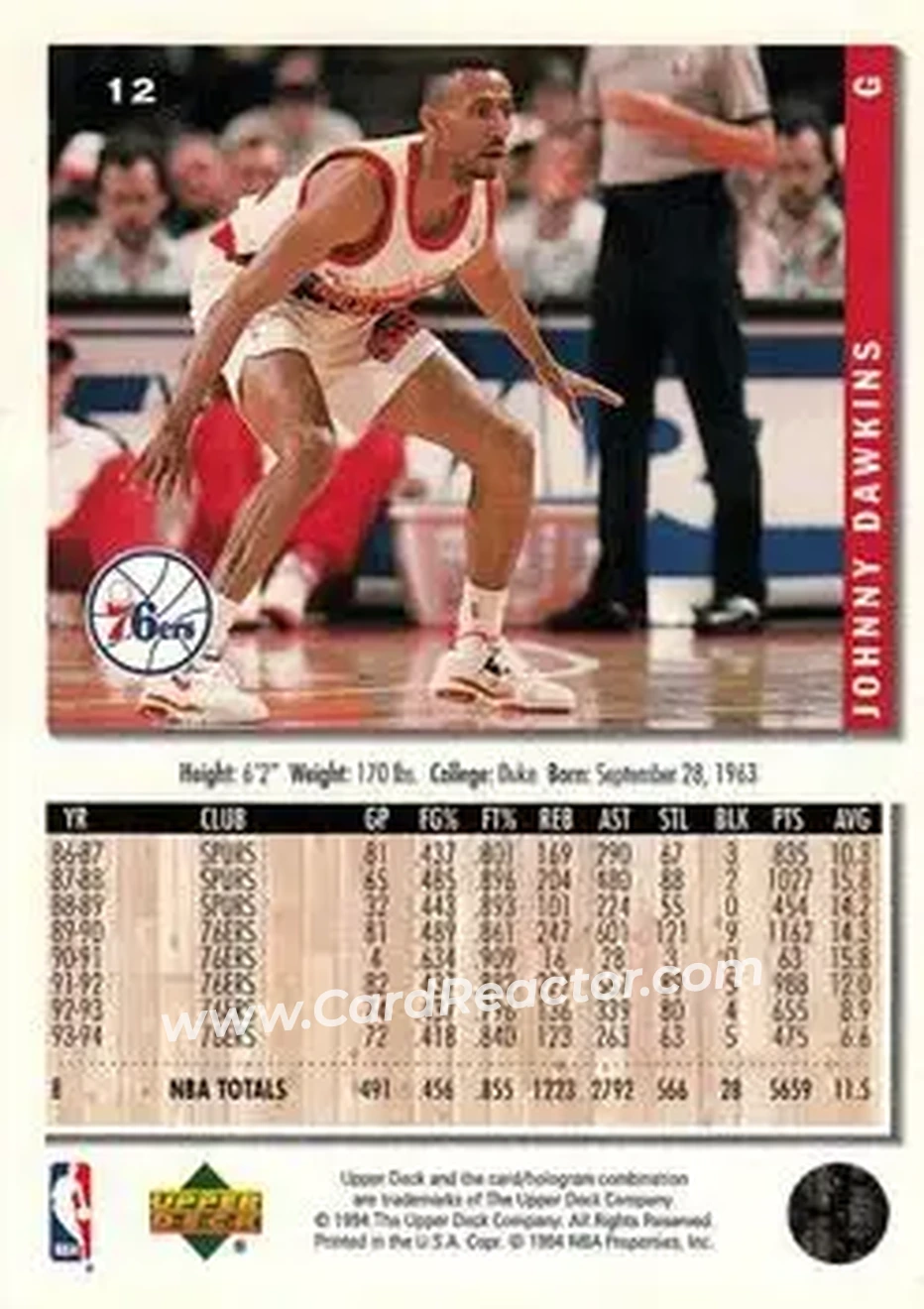1994-95 Collector's Choice #12 - Johnny Dawkins - Philadelphia 76ers - Back