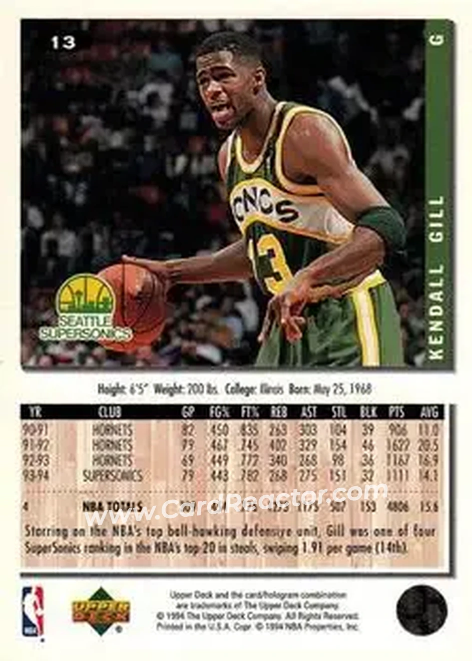 1994-95 Collector's Choice #13 - Kendall Gill - Seattle SuperSonics - Back