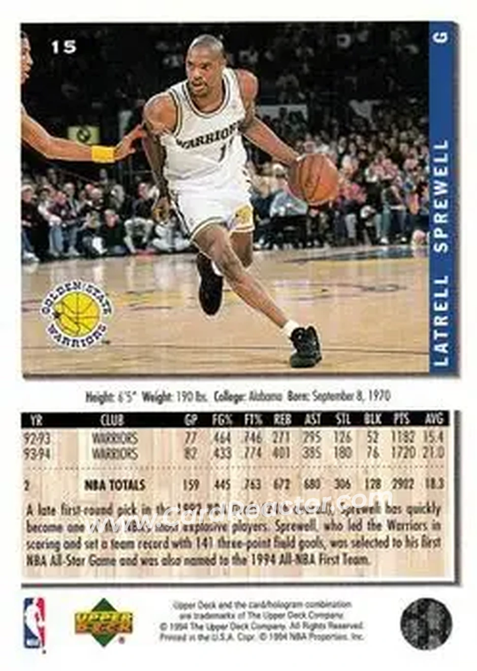 1994-95 Collector's Choice #15 - Latrell Sprewell - Golden State Warriors - Back 1994-95 Collector's Choice #15 - Latrell Sprewell - Golden State Warriors - Back