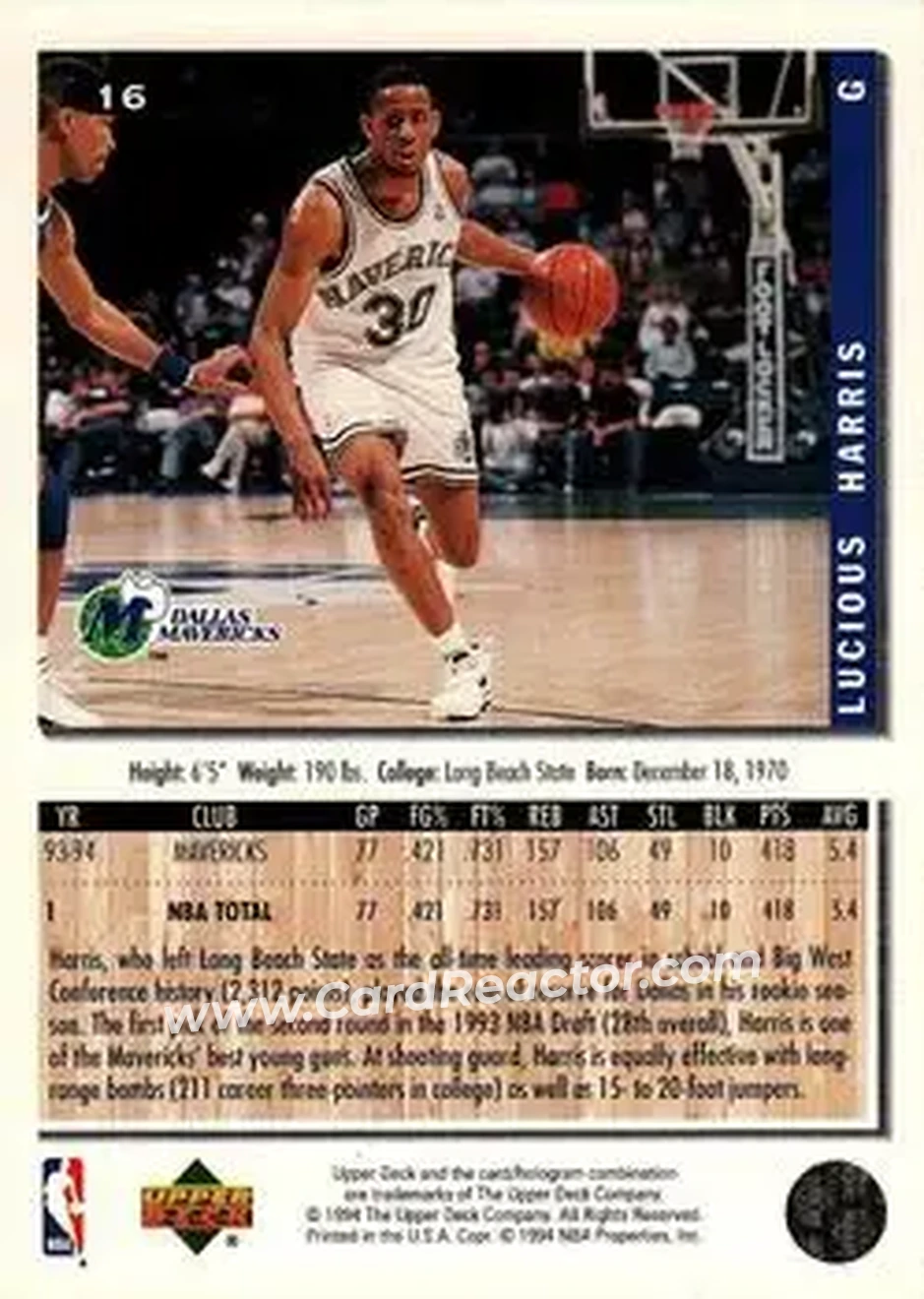 1994-95 Collector's Choice #16 - Lucious Harris - Dallas Mavericks - Back 1994-95 Collector's Choice #16 - Lucious Harris - Dallas Mavericks - Back