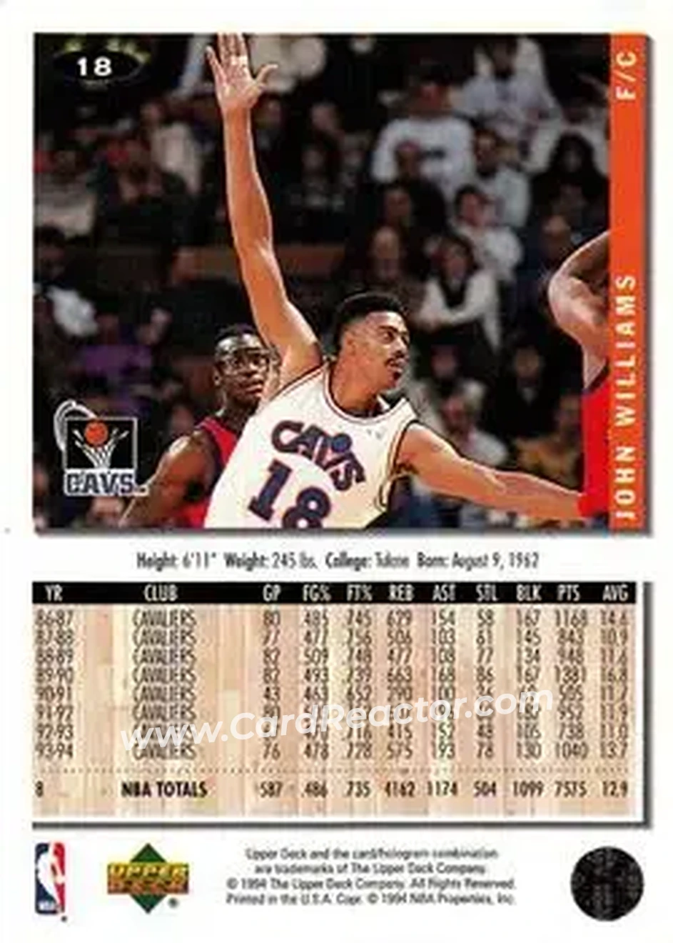 1994-95 Collector's Choice #18 - John Williams - Cleveland Cavaliers - Back