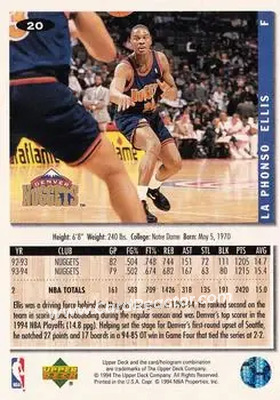 1994-95 Collector's Choice #20 - LaPhonso Ellis - Denver Nuggets - Back 1994-95 Collector's Choice #20 - LaPhonso Ellis - Denver Nuggets - Back