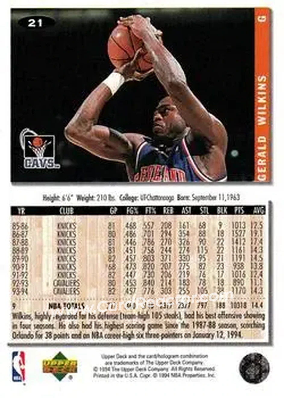 1994-95 Collector's Choice #21 - Gerald Wilkins - Cleveland Cavaliers - Back 1994-95 Collector's Choice #21 - Gerald Wilkins - Cleveland Cavaliers - Back