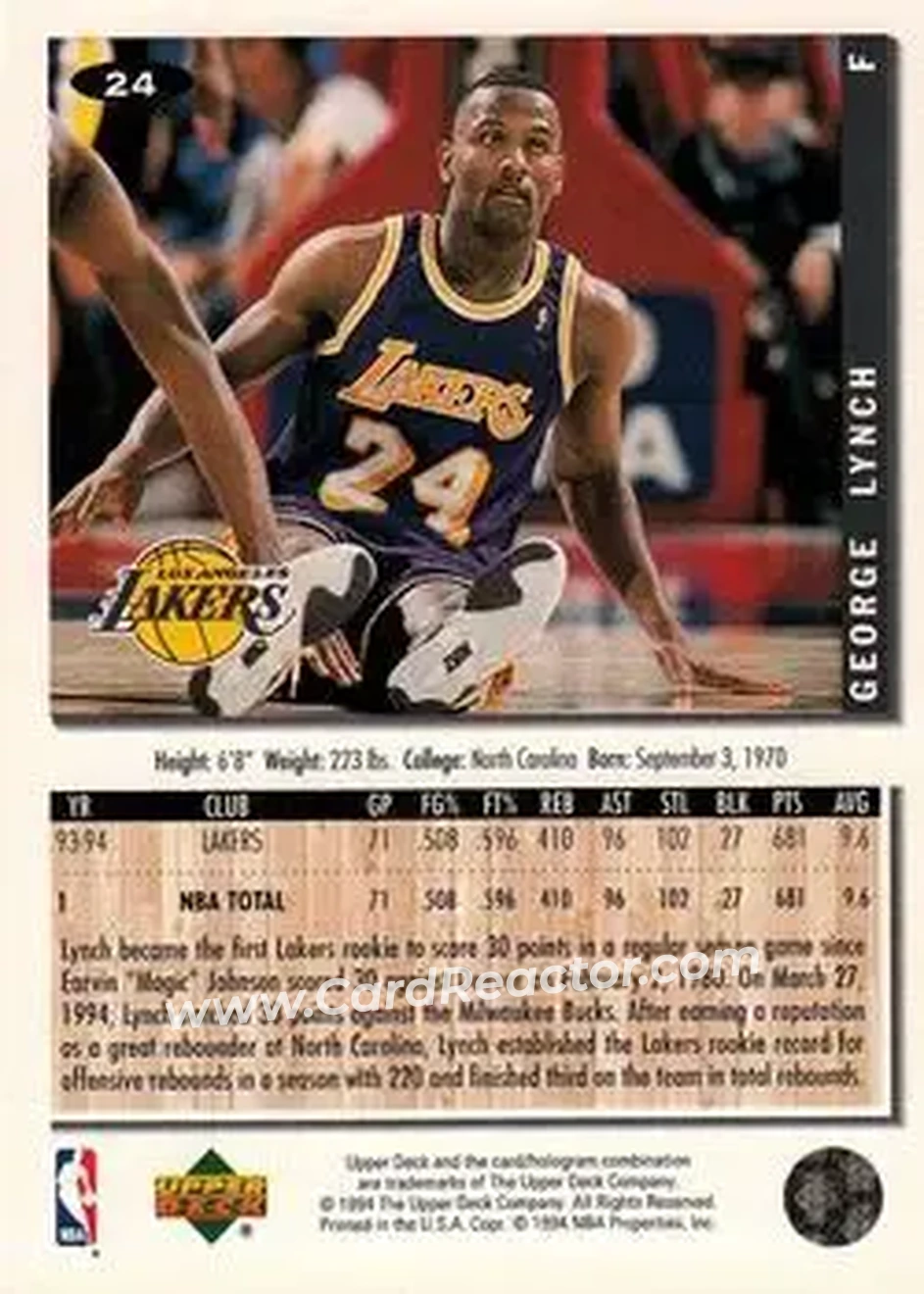 1994-95 Collector's Choice #24 - George Lynch - Los Angeles Lakers - Back