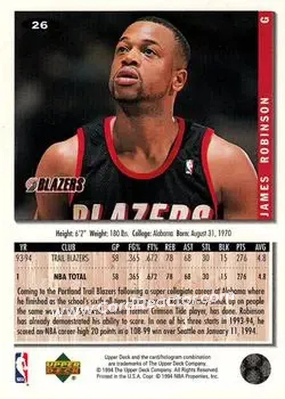 1994-95 Collector's Choice #26 - James Robinson - Portland Trail Blazers - Back 1994-95 Collector's Choice #26 - James Robinson - Portland Trail Blazers - Back