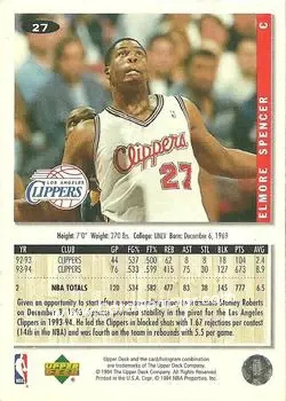 1994-95 Collector's Choice #27 - Elmore Spencer - Los Angeles Clippers - Back