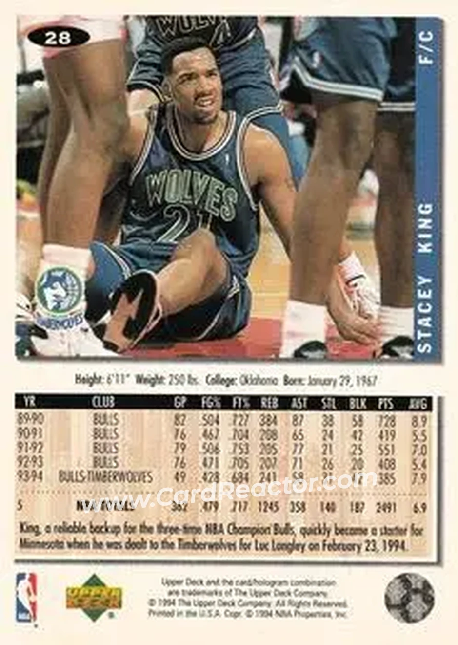 1994-95 Collector's Choice #28 - Stacey King - Minnesota Timberwolves - Back 1994-95 Collector's Choice #28 - Stacey King - Minnesota Timberwolves - Back