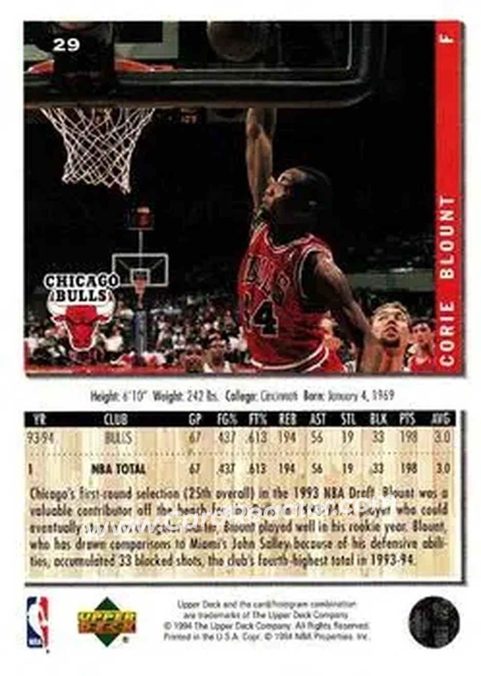 1994-95 Collector's Choice #29 - Corie Blount - Chicago Bulls - Back 1994-95 Collector's Choice #29 - Corie Blount - Chicago Bulls - Back